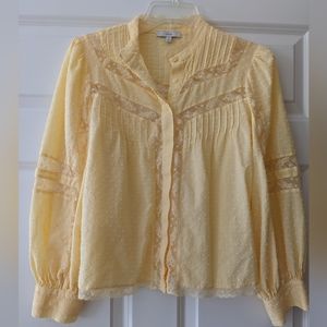 Joie Nazly top butter yellow sheer lace swiss clip dots pintucks S prairie